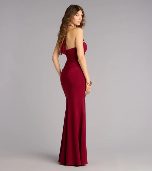 Burgundy Mermaid Halter High Slit Floor-Length Wedding Dress - Yihuiw by Yihuiw