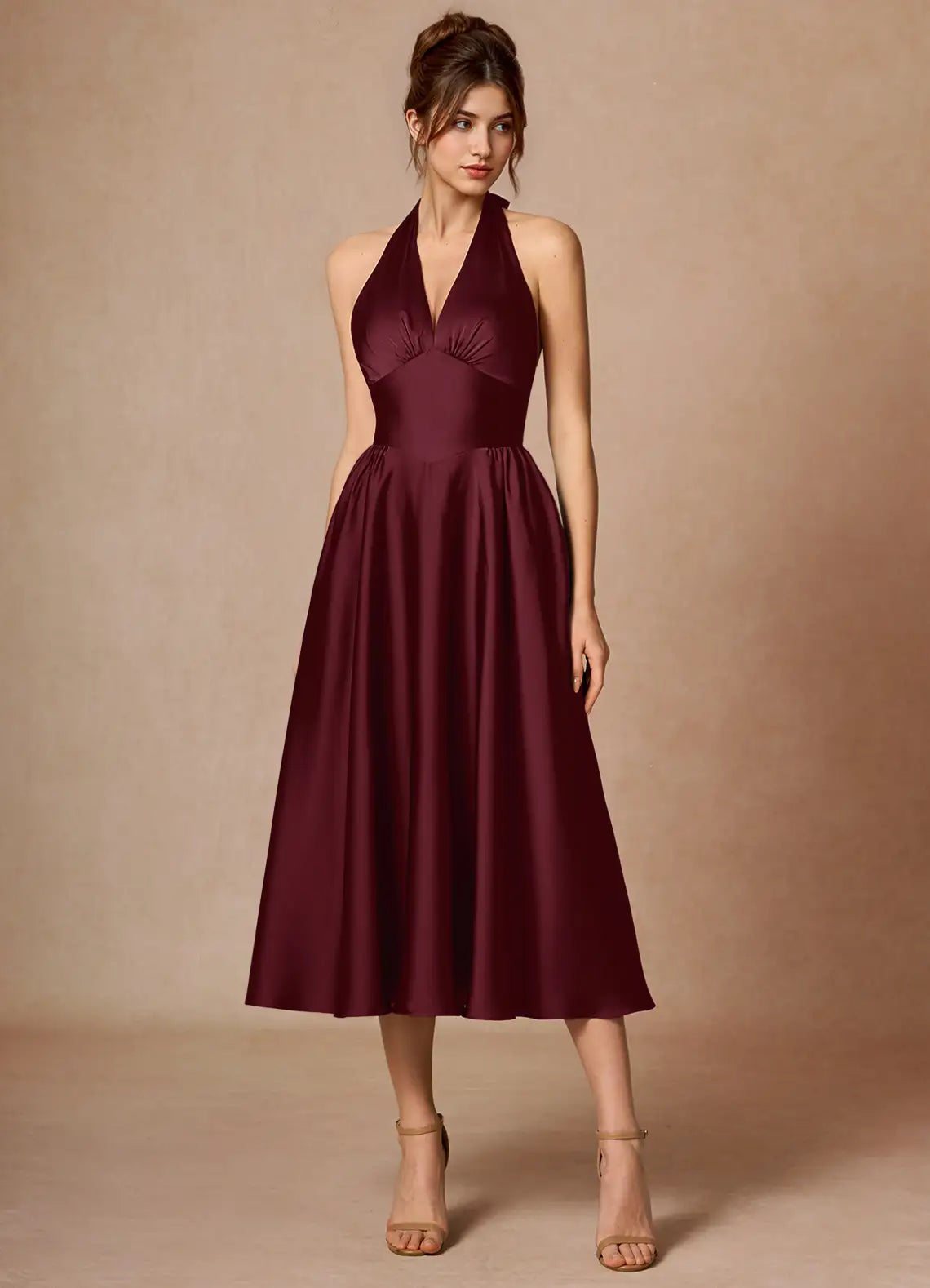 Burgundy Halter Satin Open Back Midi Wedding Dress - Yihuiw by Yihuiw