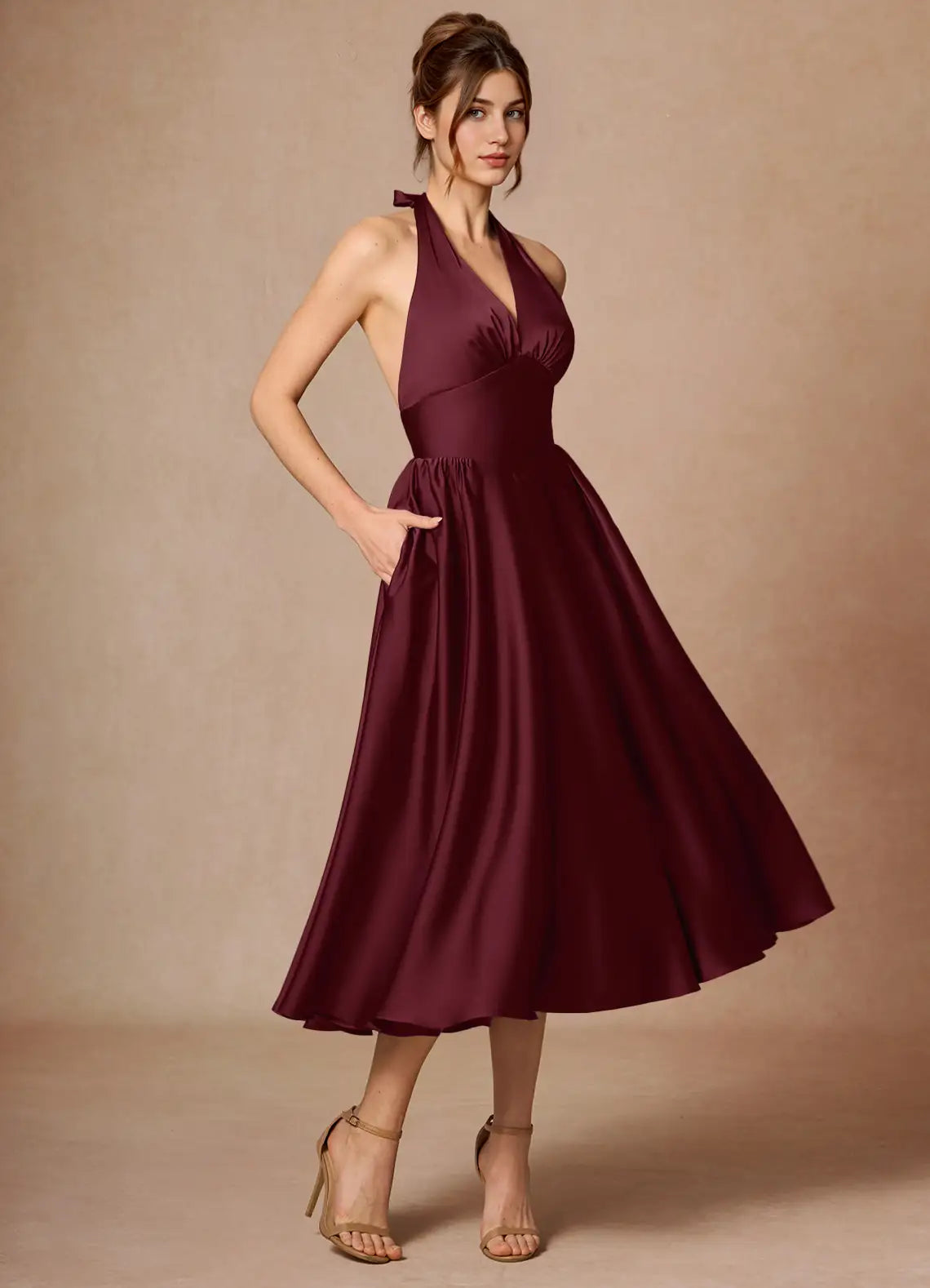 Burgundy Halter Satin Open Back Midi Wedding Dress - Yihuiw by Yihuiw