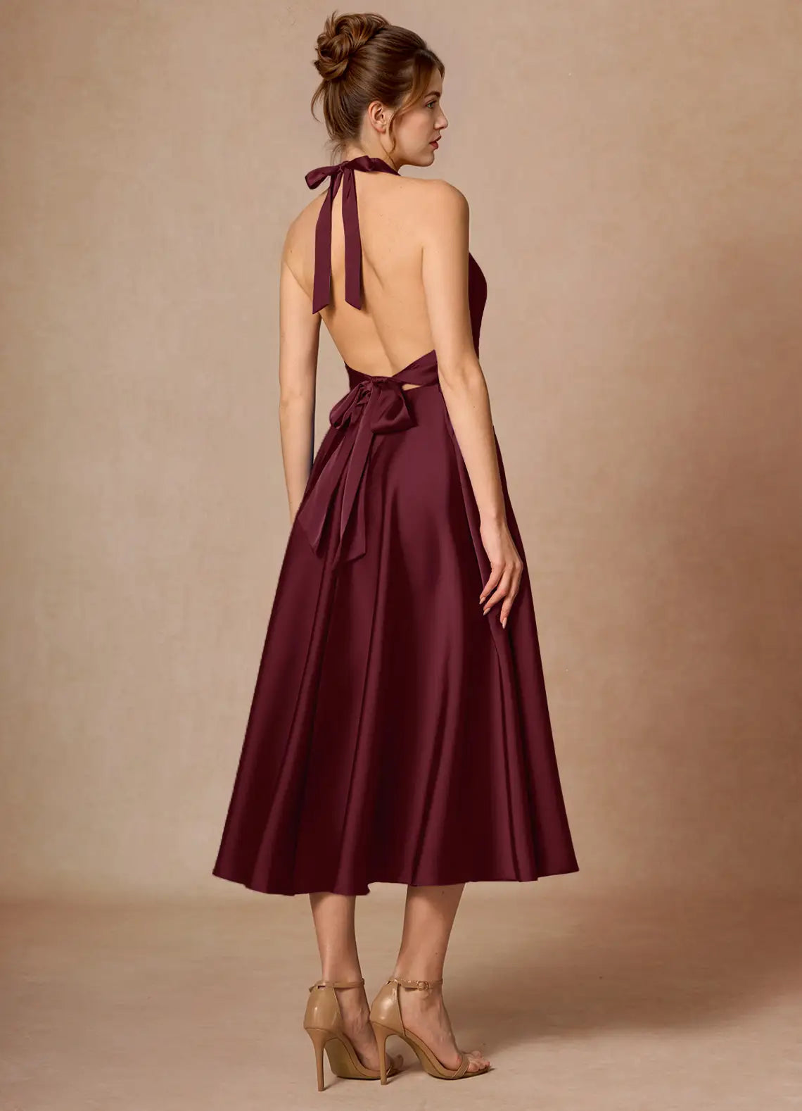 Burgundy Halter Satin Open Back Midi Wedding Dress - Yihuiw by Yihuiw