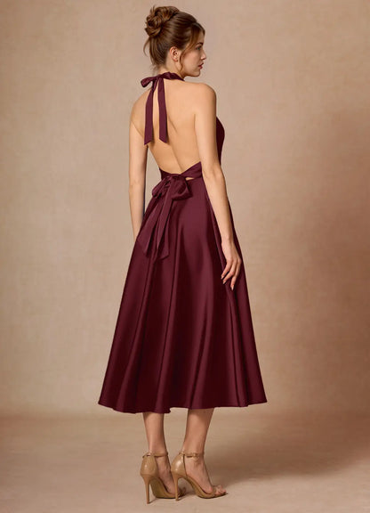 Burgundy Halter Satin Open Back Midi Wedding Dress - Yihuiw by Yihuiw