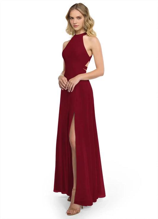 Burgundy A-Line Halter Chiffon DressNeck Maxi with Side Slit and Crisscross Back Bridesmaid Dresses by YiHuiw