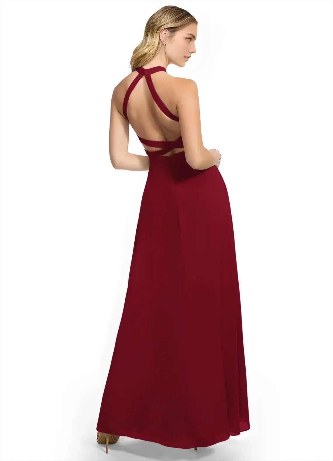 Burgundy A-Line Halter Chiffon DressNeck Maxi with Side Slit and Crisscross Back Bridesmaid Dresses by YiHuiw