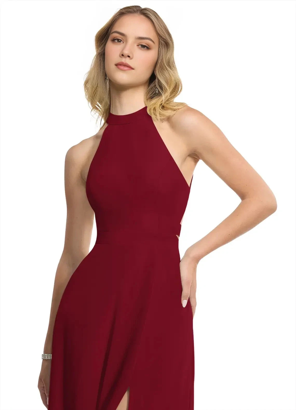 Burgundy A-Line Halter Chiffon DressNeck Maxi with Side Slit and Crisscross Back Bridesmaid Dresses by YiHuiw