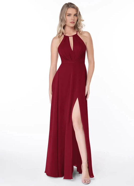 Burgundy Halter Neck Open Back Evening Gown with Side Slit A-Line Pleated Chiffon Dress Bridesmaid Dresses by YiHuiw