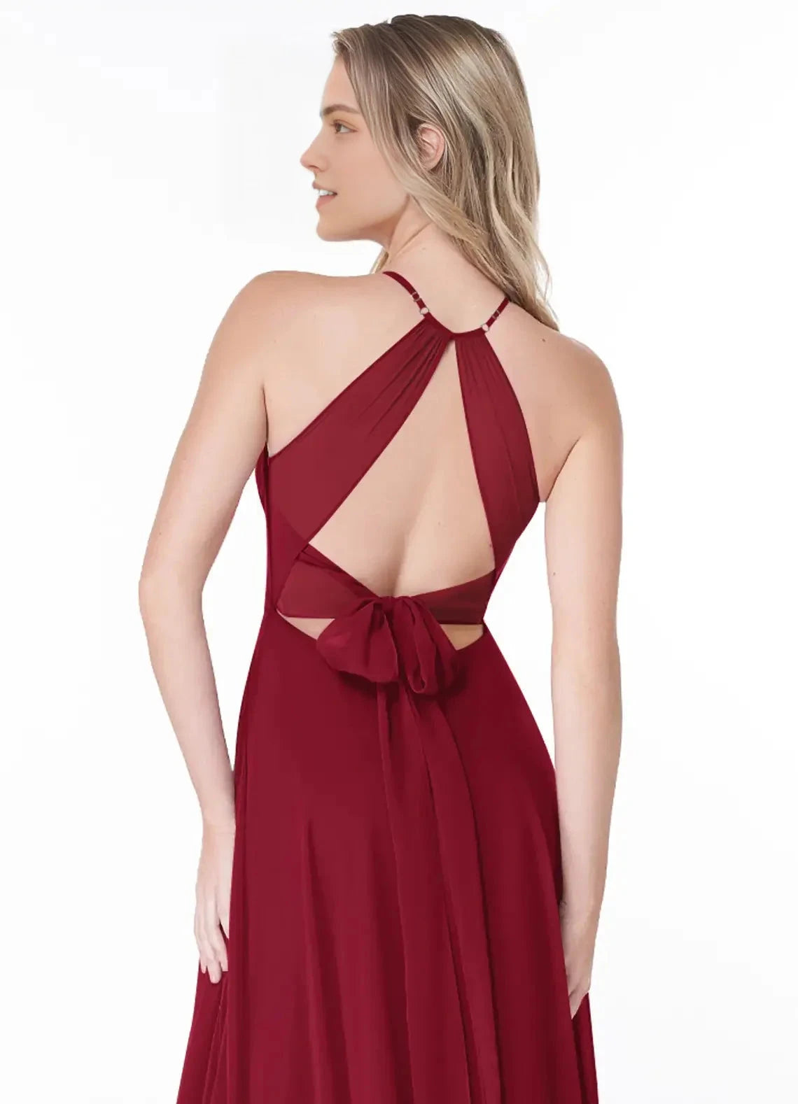 Burgundy Halter Neck Open Back Evening Gown with Side Slit A-Line Pleated Chiffon Dress Bridesmaid Dresses by YiHuiw