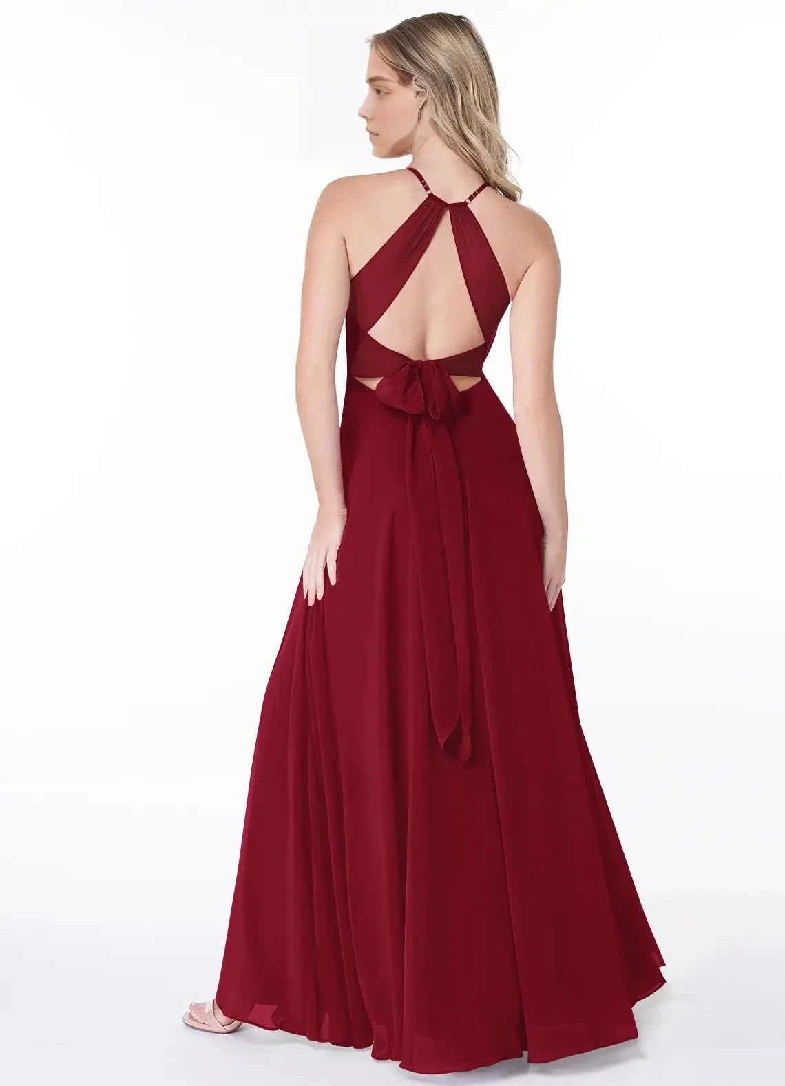 Burgundy Halter Neck Open Back Evening Gown with Side Slit A-Line Pleated Chiffon Dress Bridesmaid Dresses by YiHuiw