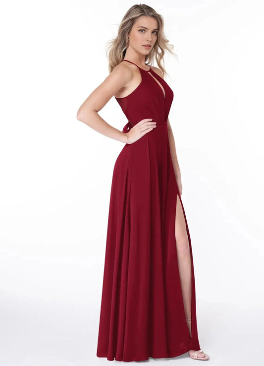 Burgundy Halter Neck Open Back Evening Gown with Side Slit A-Line Pleated Chiffon Dress Bridesmaid Dresses by YiHuiw