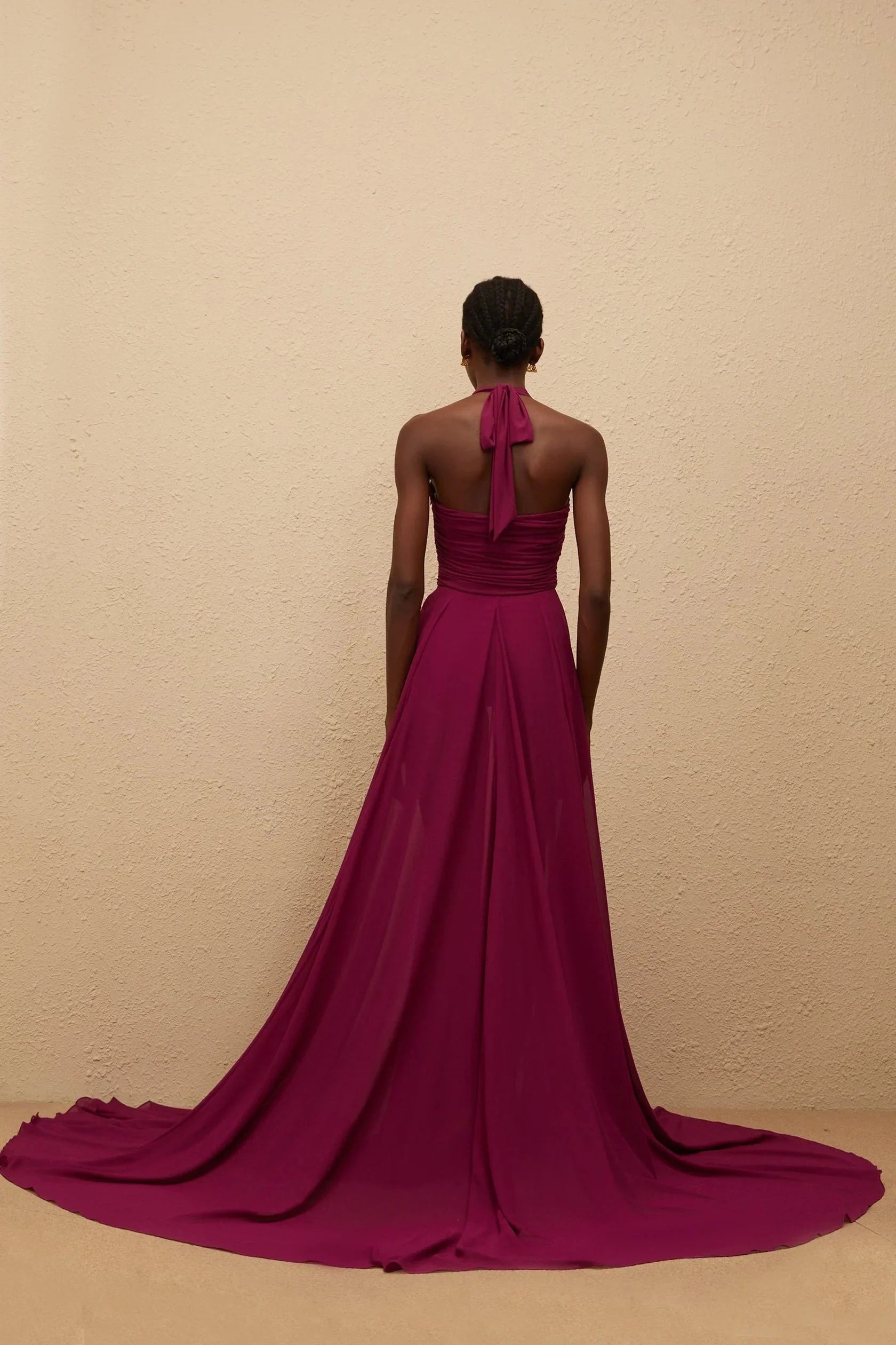 Burgundy Halter Neck Ruched Evening Gown with Train Purple Train Design Ruched Maxi Dress Evening Dress by YiHuiw
