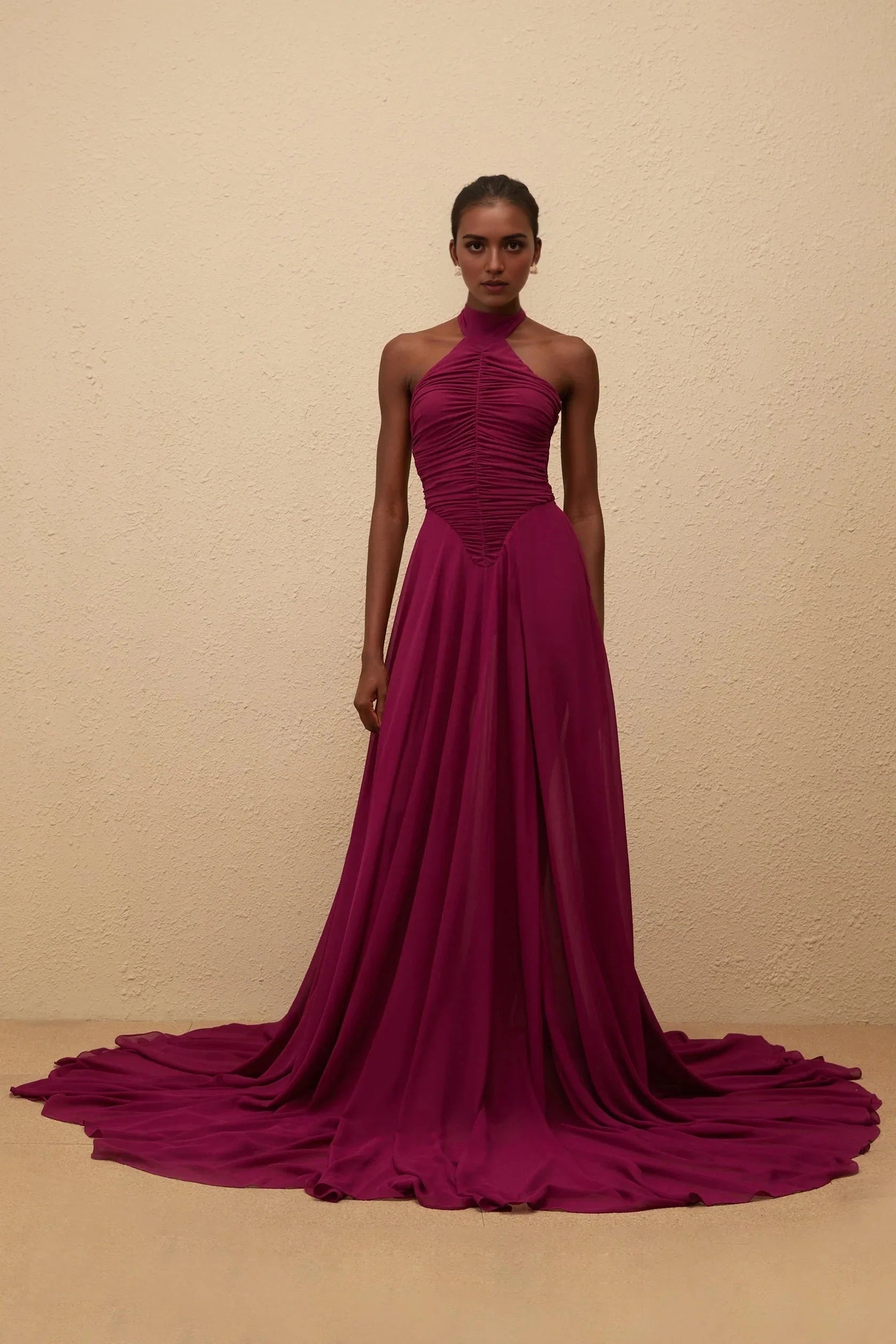 Burgundy Halter Neck Ruched Evening Gown with Train Purple Train Design Ruched Maxi Dress Evening Dress by YiHuiw