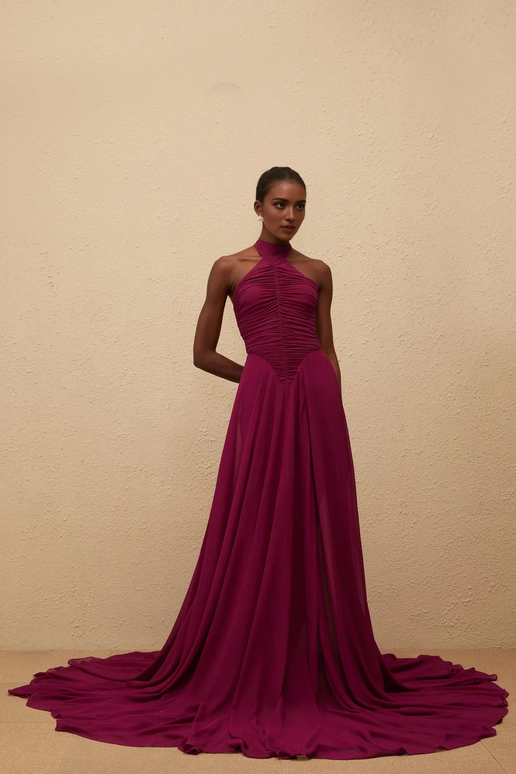 Burgundy Halter Neck Ruched Evening Gown with Train Purple Train Design Ruched Maxi Dress Evening Dress by YiHuiw