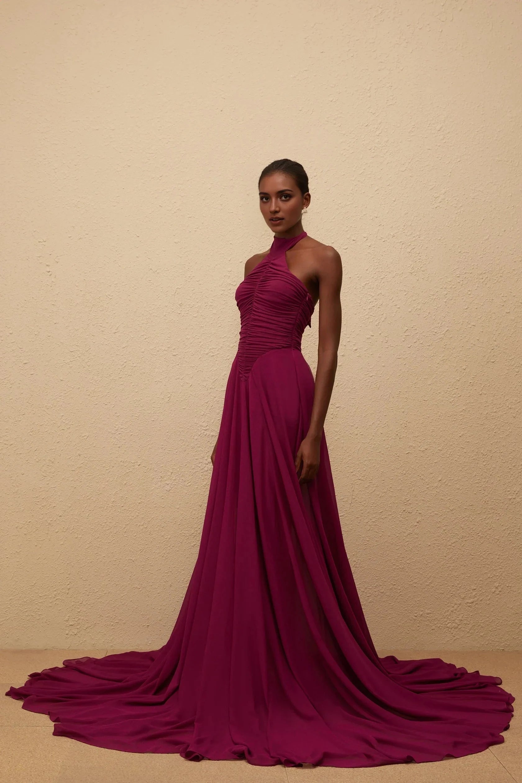 Burgundy Halter Neck Ruched Evening Gown with Train Purple Train Design Ruched Maxi Dress Evening Dress by YiHuiw