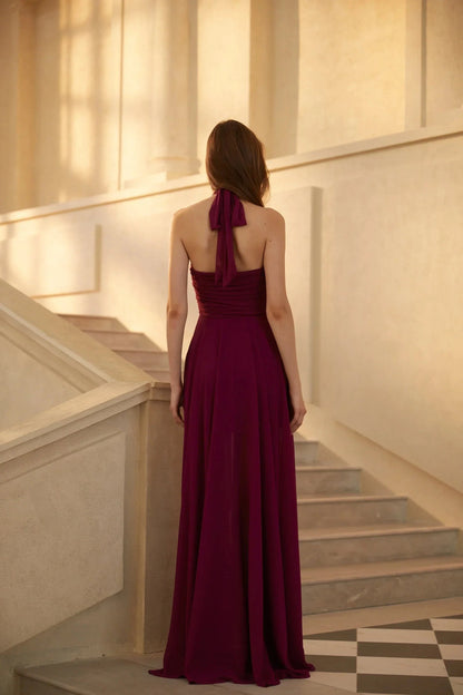 Burgundy Halter Neck Ruched Maxi Dress Kerstin Purple Ruched Maxi Dress Evening Dress by YiHuiw