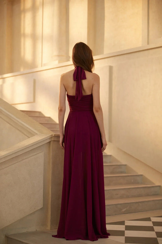 Burgundy Halter Neck Ruched Maxi Dress Kerstin Purple Ruched Maxi Dress Evening Dress by YiHuiw
