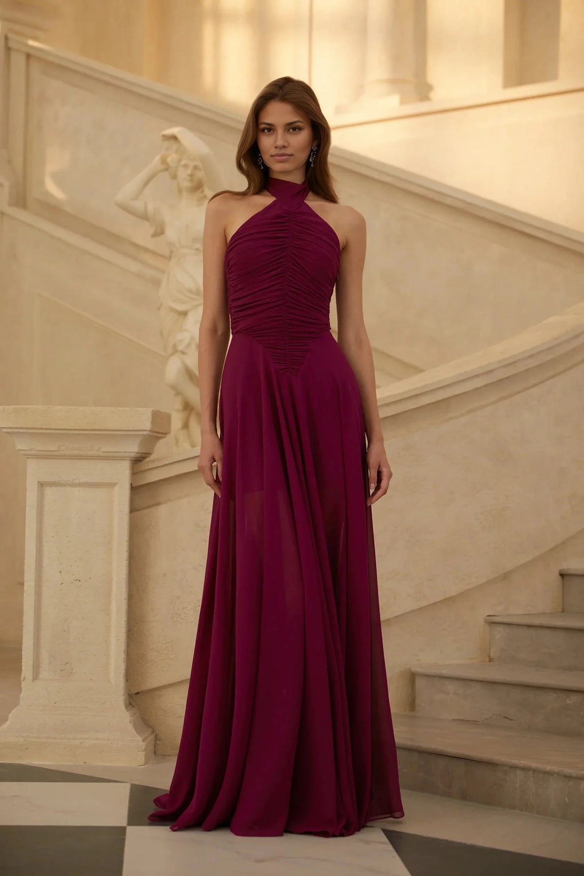 Burgundy Halter Neck Ruched Maxi Dress Kerstin Purple Ruched Maxi Dress Evening Dress by YiHuiw