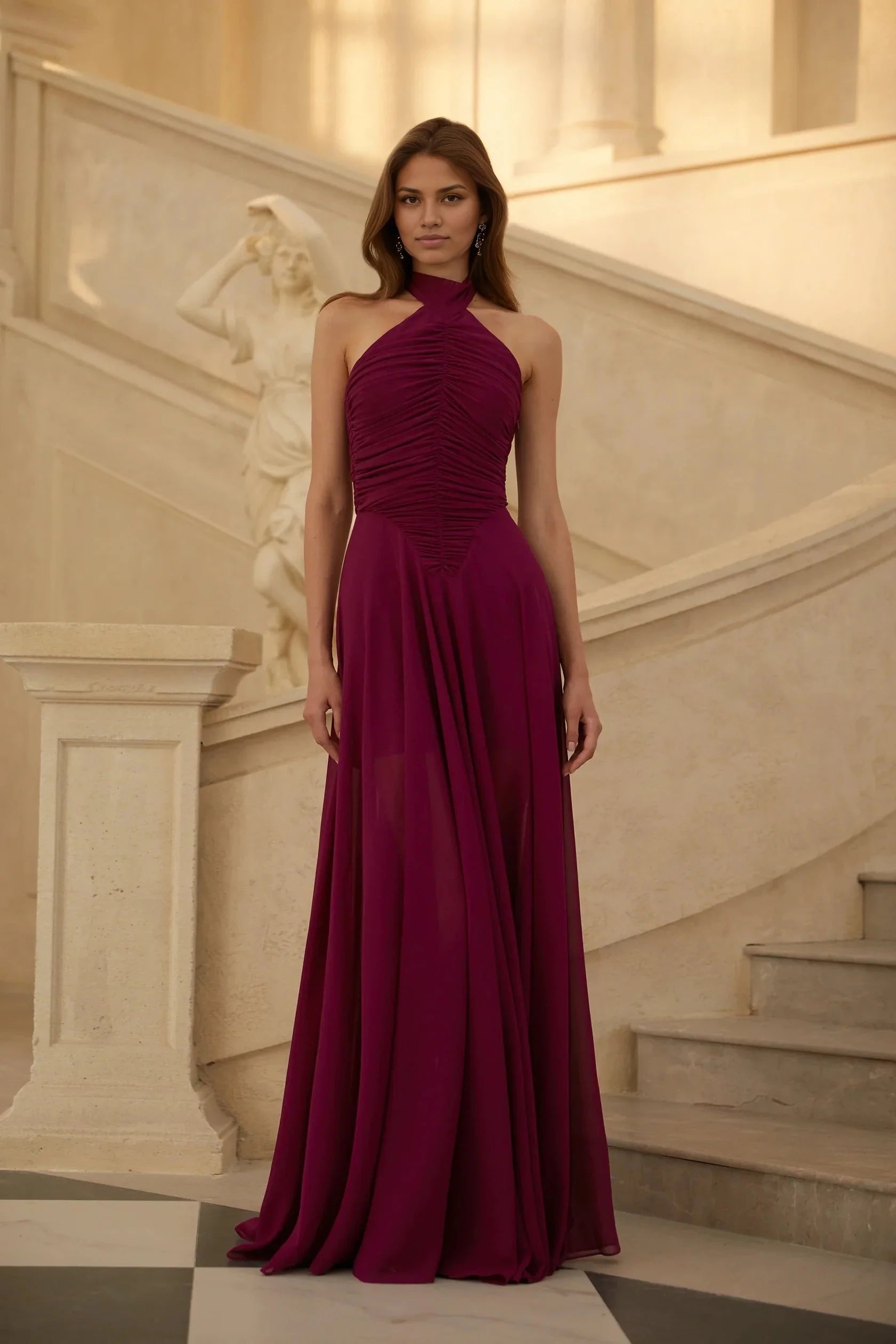 Burgundy Halter Neck Ruched Maxi Dress Kerstin Purple Ruched Maxi Dress Evening Dress by YiHuiw