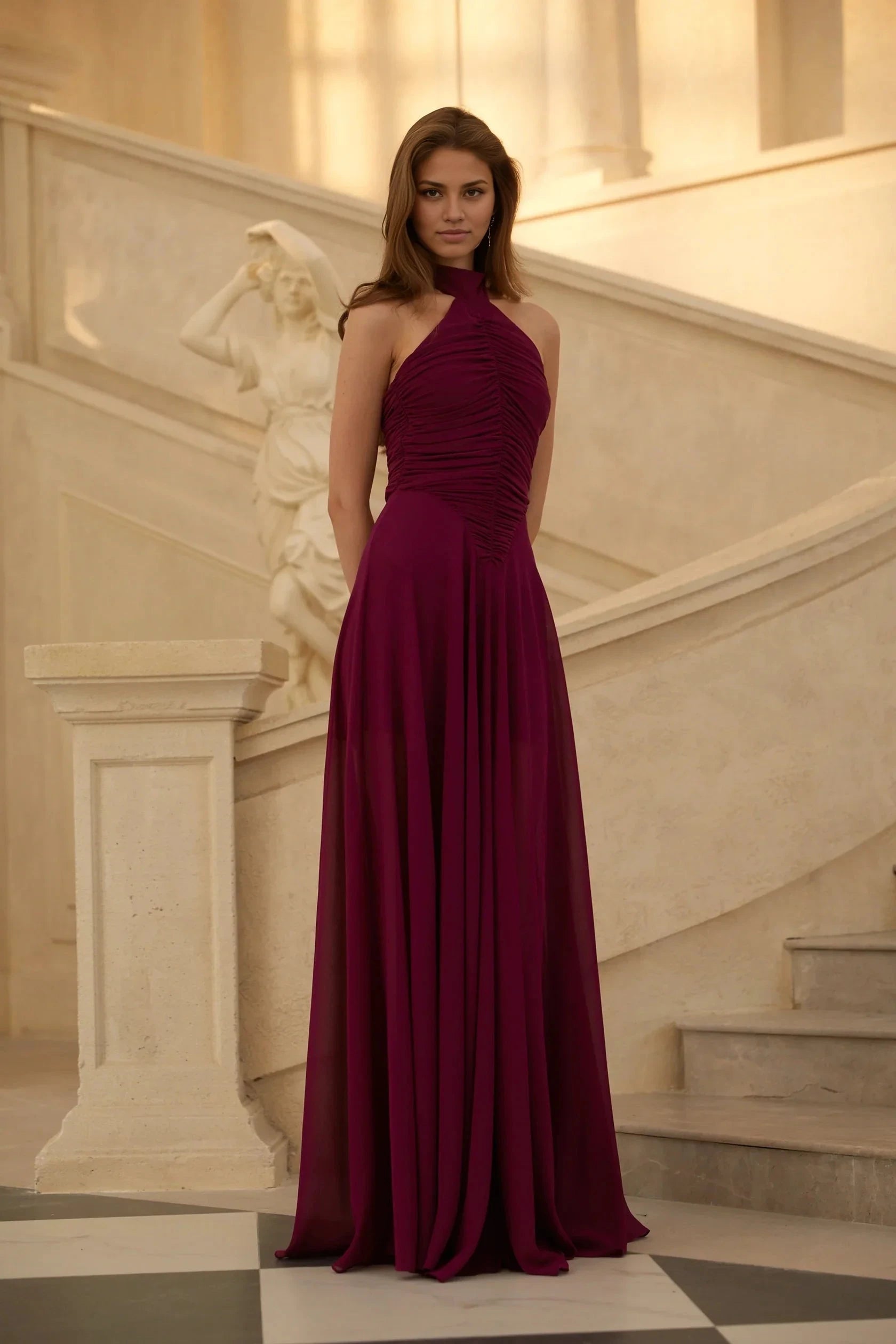 Burgundy Halter Neck Ruched Maxi Dress Kerstin Purple Ruched Maxi Dress Evening Dress by YiHuiw