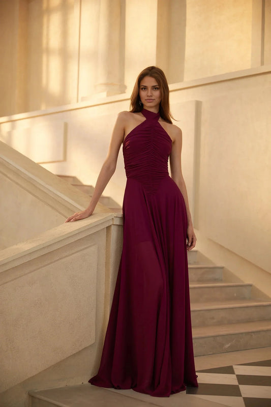 Burgundy Halter Neck Ruched Maxi Dress Kerstin Purple Ruched Maxi Dress Evening Dress by YiHuiw