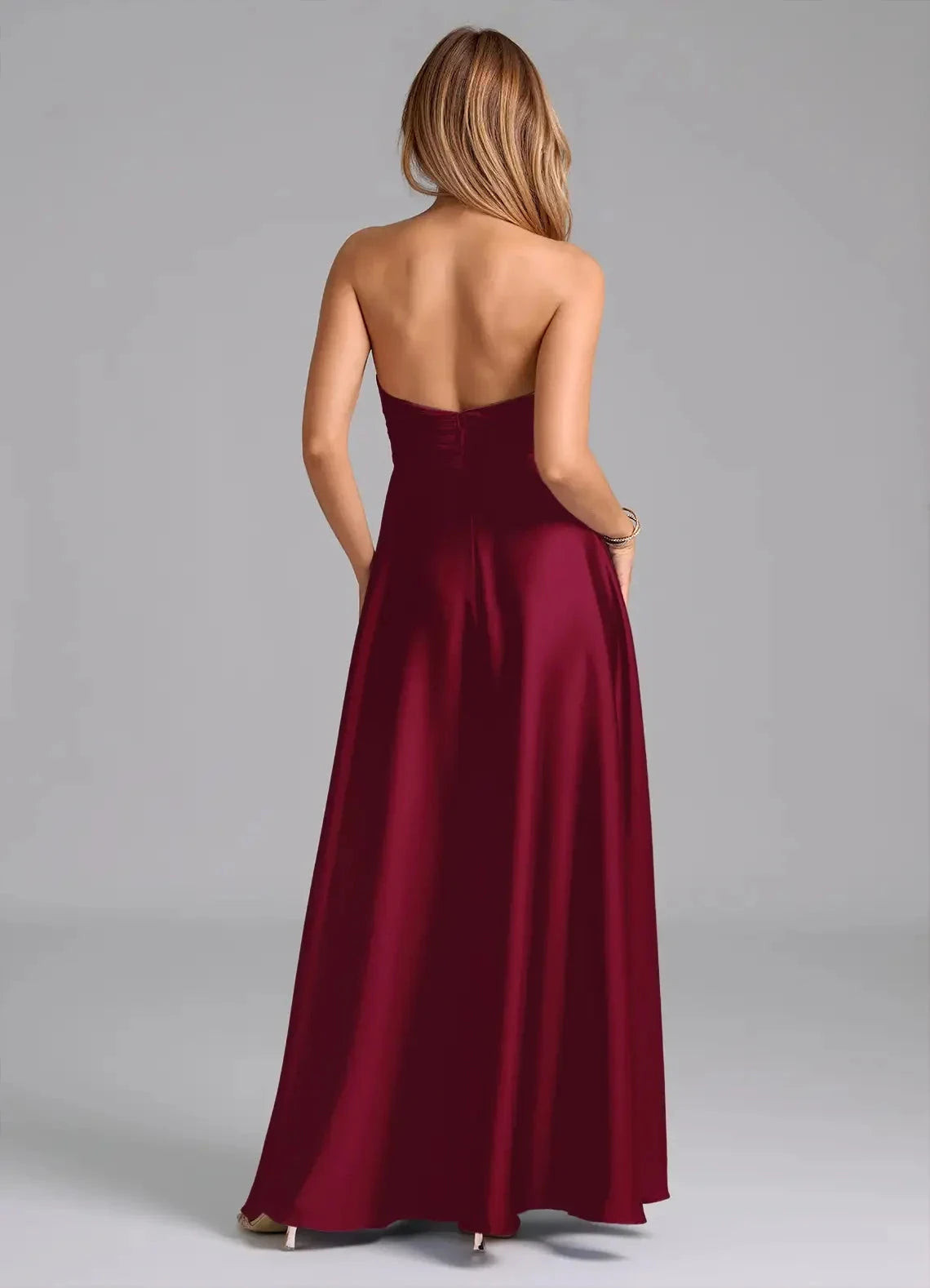 Burgundy Halter Neck Satin Maxi Dress A-Line Pleated Stretch Satin Dress Bridesmaid Dresses by YiHuiw