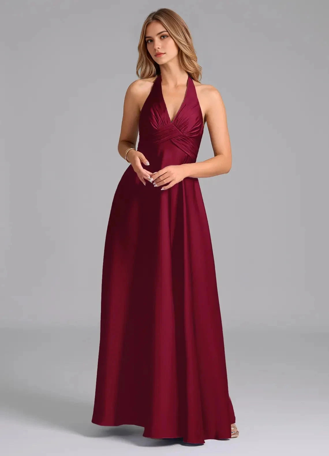 Burgundy Halter Neck Satin Maxi Dress A-Line Pleated Stretch Satin Dress Bridesmaid Dresses by YiHuiw
