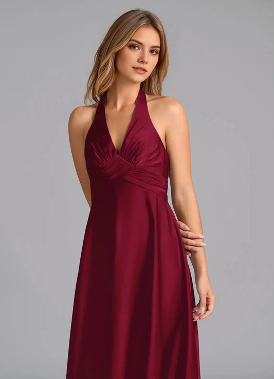 Burgundy Halter Neck Satin Maxi Dress A-Line Pleated Stretch Satin Dress Bridesmaid Dresses by YiHuiw