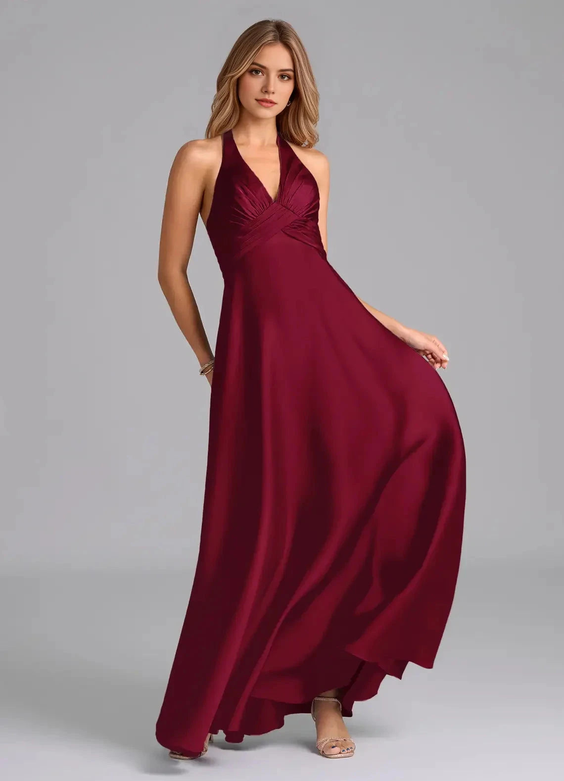 Burgundy Halter Neck Satin Maxi Dress A-Line Pleated Stretch Satin Dress Bridesmaid Dresses by YiHuiw