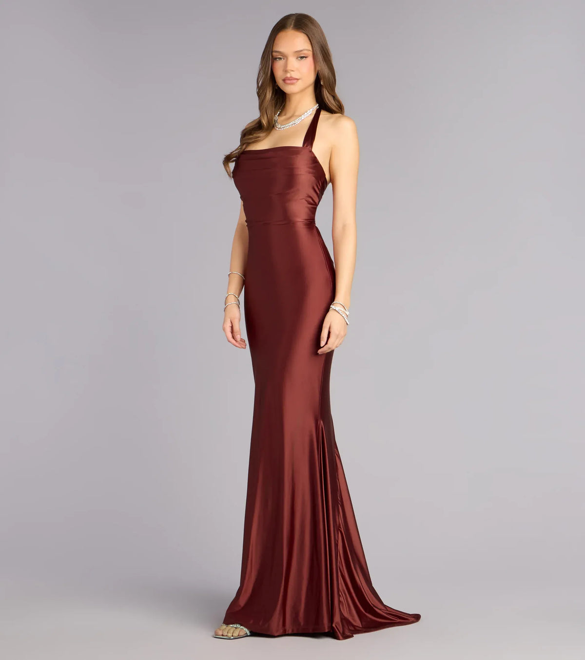 Burgundy Mermaid Halter Lace Lace-Up Back Floor-Length Wedding Dress - Yihuiw by Yihuiw