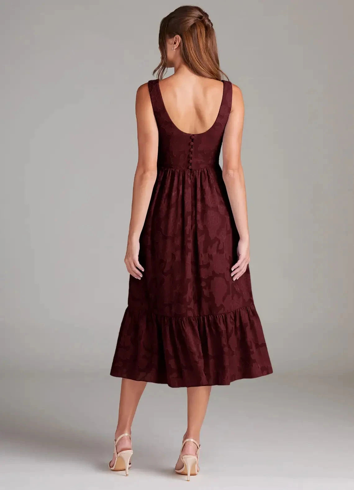 Burgundy Jacquard Square Neck Midi Dress with Tiered Skirt Cabernet A-Line with Pockets Floral Burnout Dress Bridesmaid Dresses by YiHuiw