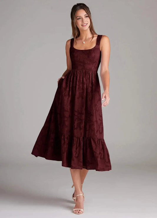 Burgundy Jacquard Square Neck Midi Dress with Tiered Skirt Cabernet A-Line with Pockets Floral Burnout Dress Bridesmaid Dresses by YiHuiw