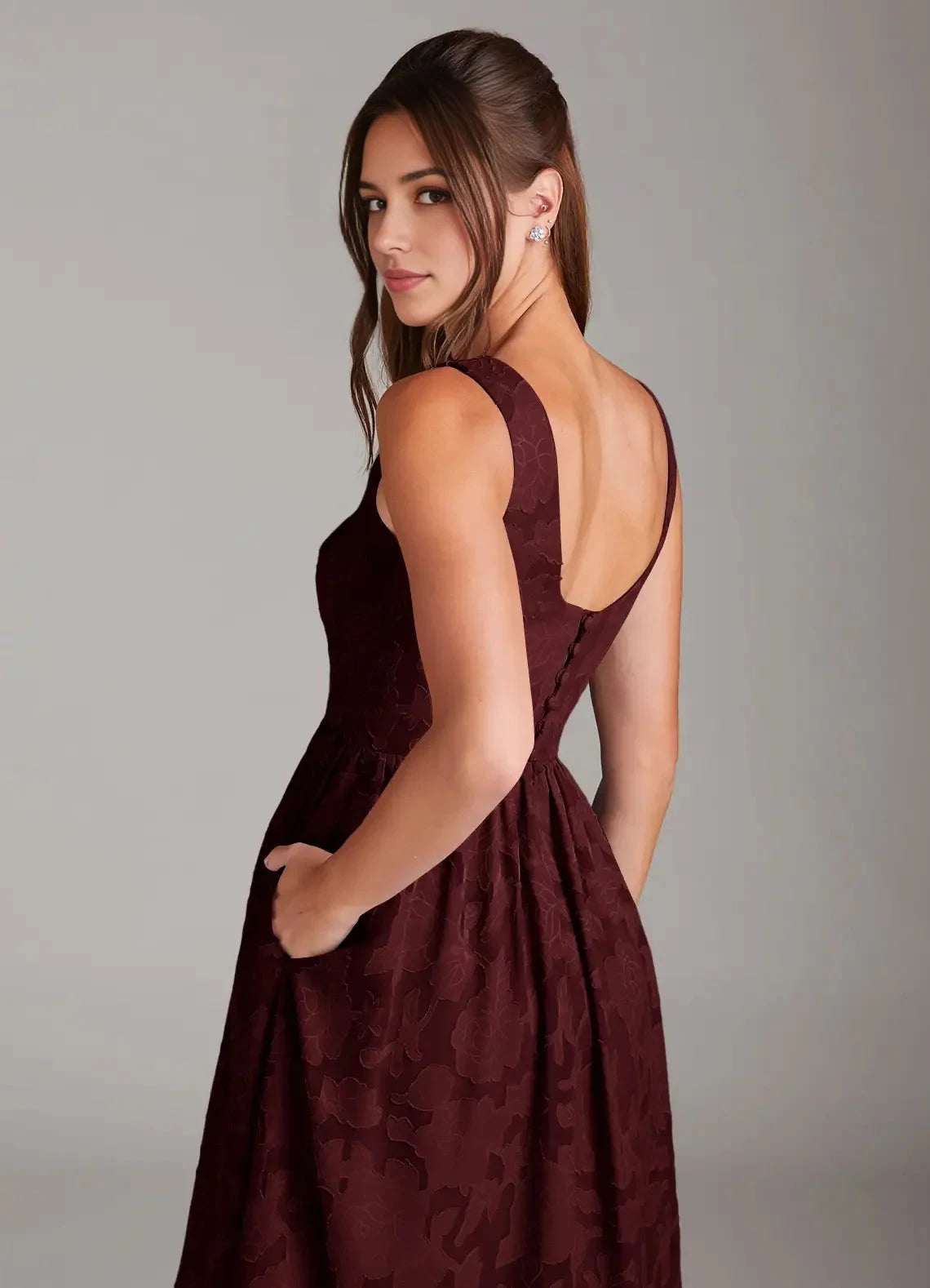 Burgundy Jacquard Square Neck Midi Dress with Tiered Skirt Cabernet A-Line with Pockets Floral Burnout Dress Bridesmaid Dresses by YiHuiw