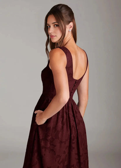 Burgundy Jacquard Square Neck Midi Dress with Tiered Skirt Cabernet A-Line with Pockets Floral Burnout Dress Bridesmaid Dresses by YiHuiw