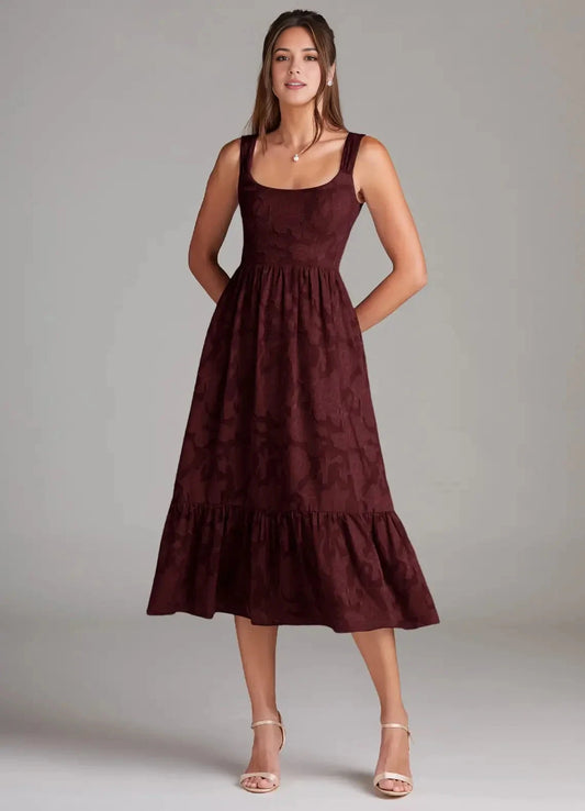 Burgundy Jacquard Square Neck Midi Dress with Tiered Skirt Cabernet A-Line with Pockets Floral Burnout Dress Bridesmaid Dresses by YiHuiw