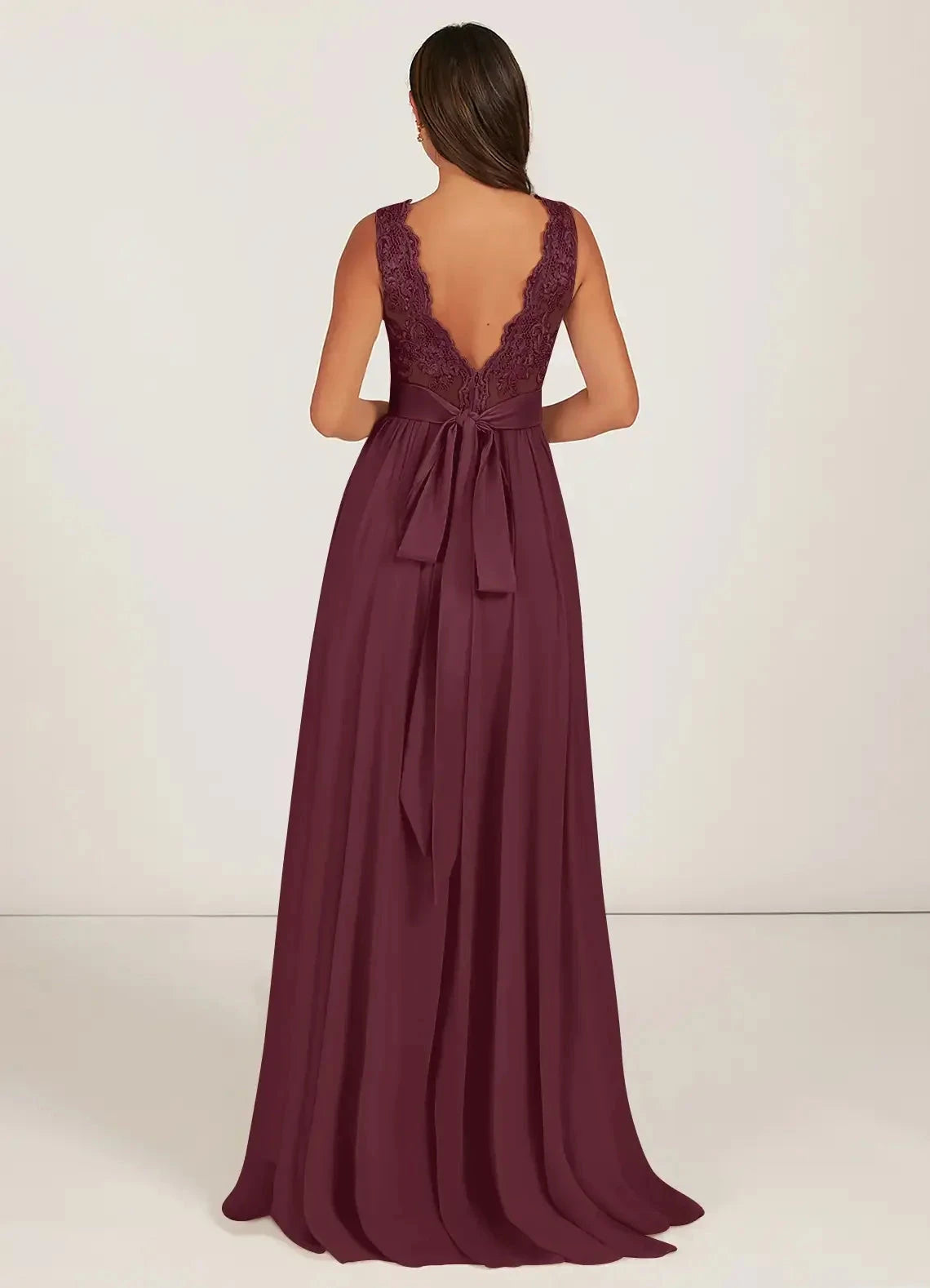 Burgundy Lace V-Neck Maxi Dress with Bow Back Cabernet A-Line Chiffon Dress Bridesmaid Dresses by YiHuiw