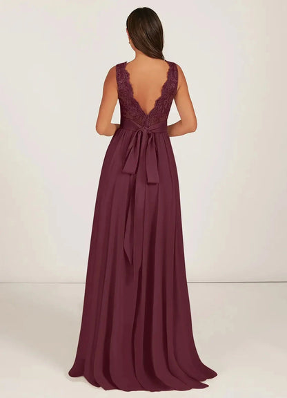 Burgundy Lace V-Neck Maxi Dress with Bow Back Cabernet A-Line Chiffon Dress Bridesmaid Dresses by YiHuiw