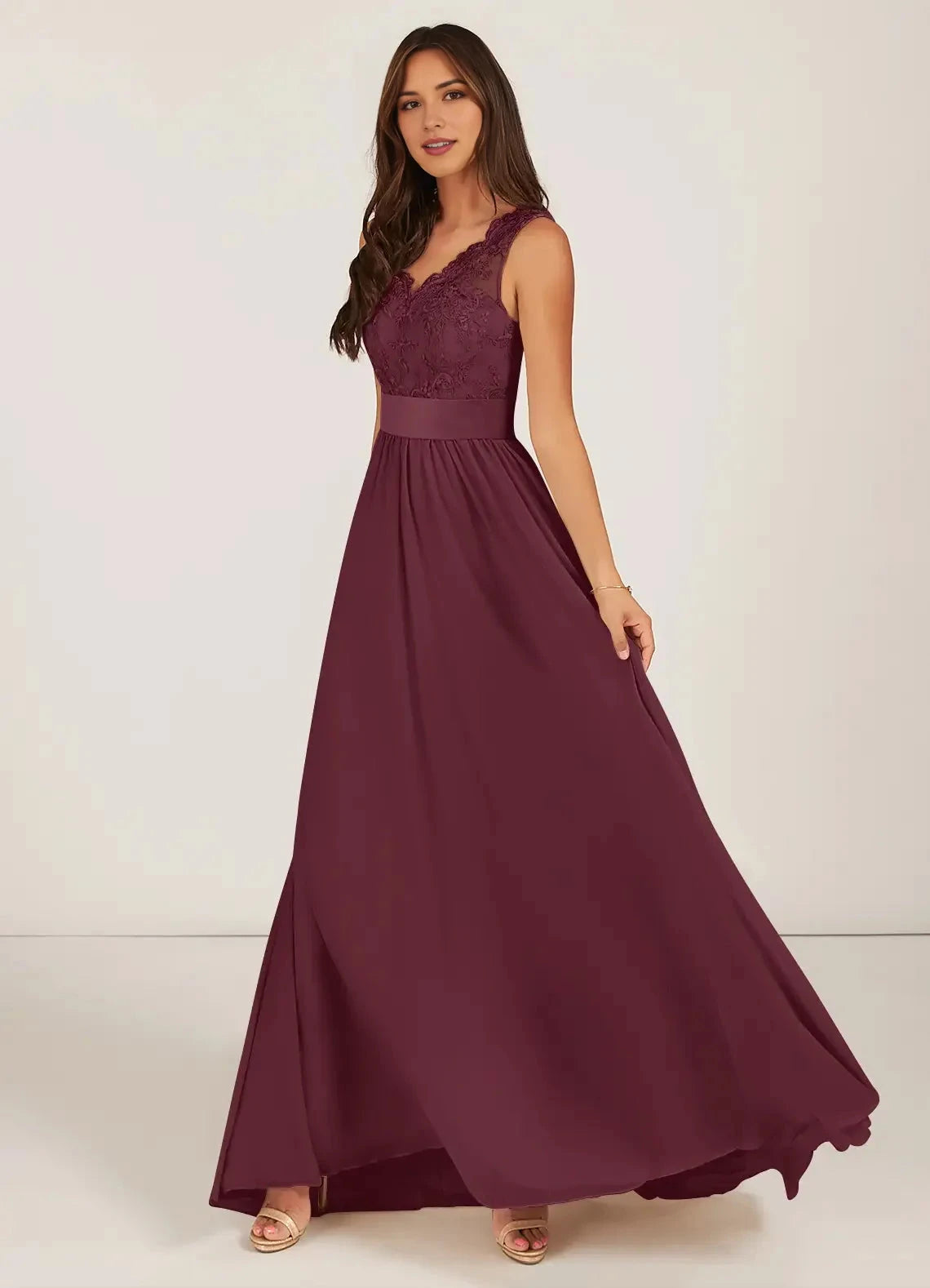 Burgundy Lace V-Neck Maxi Dress with Bow Back Cabernet A-Line Chiffon Dress Bridesmaid Dresses by YiHuiw