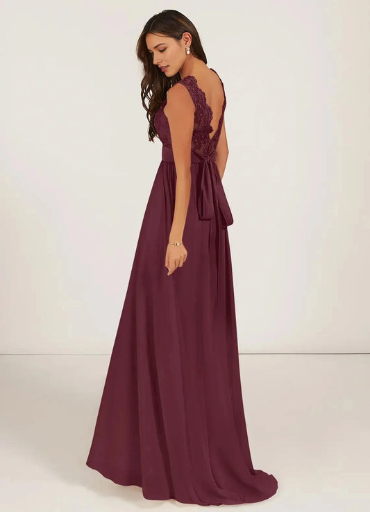 Burgundy Lace V-Neck Maxi Dress with Bow Back Cabernet A-Line Chiffon Dress Bridesmaid Dresses by YiHuiw