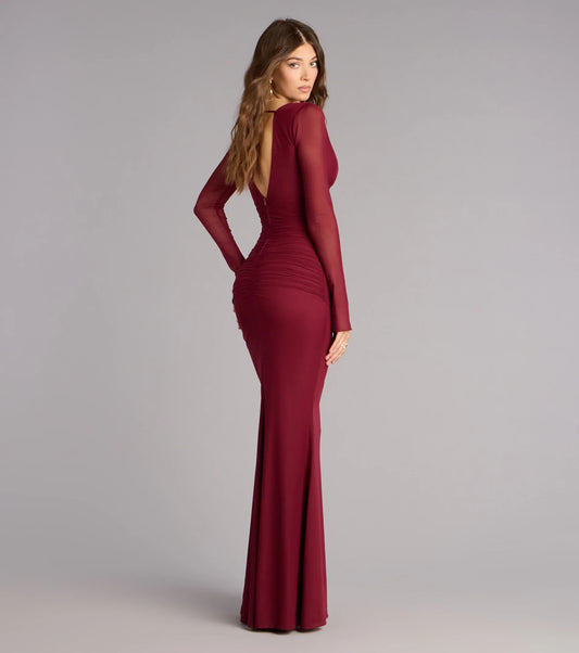 Burgundy Mermaid Mesh Long Sleeve Ruched Floor-Length Wedding Dress - Yihuiw by Yihuiw