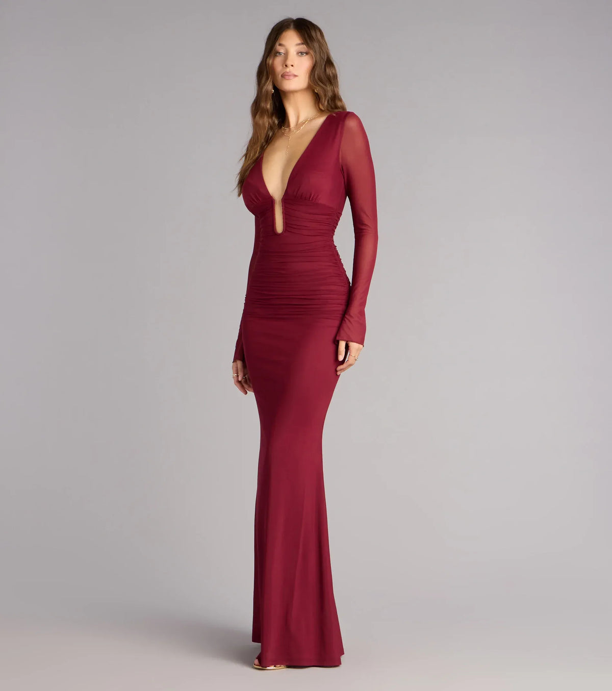 Burgundy Mermaid Mesh Long Sleeve Ruched Floor-Length Wedding Dress - Yihuiw by Yihuiw