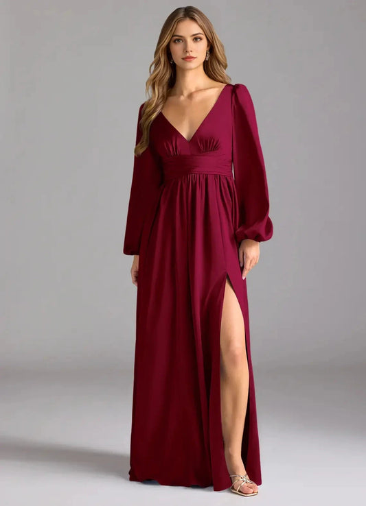 Burgundy Long Sleeve Maxi Dress with Plunging Neckline and Open Back A-Line Stretch Satin Bridesmaid Dresses by YiHuiw