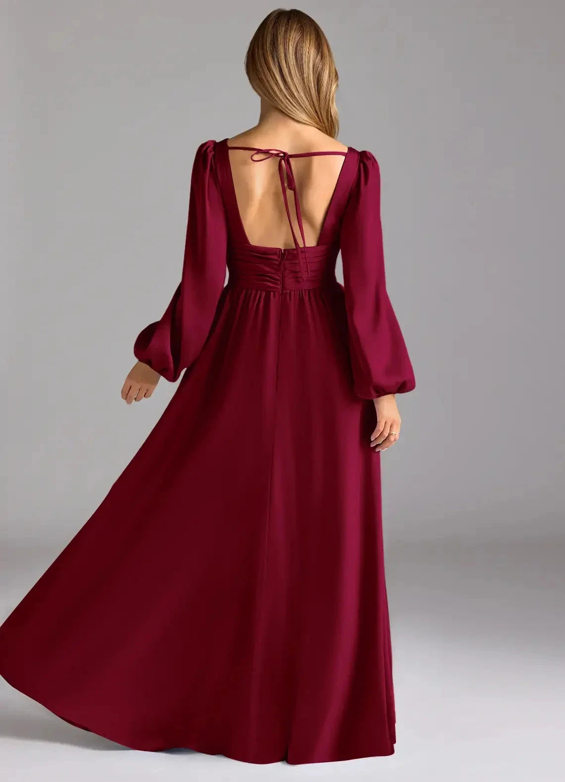 Burgundy Long Sleeve Maxi Dress with Plunging Neckline and Open Back A-Line Stretch Satin Bridesmaid Dresses by YiHuiw