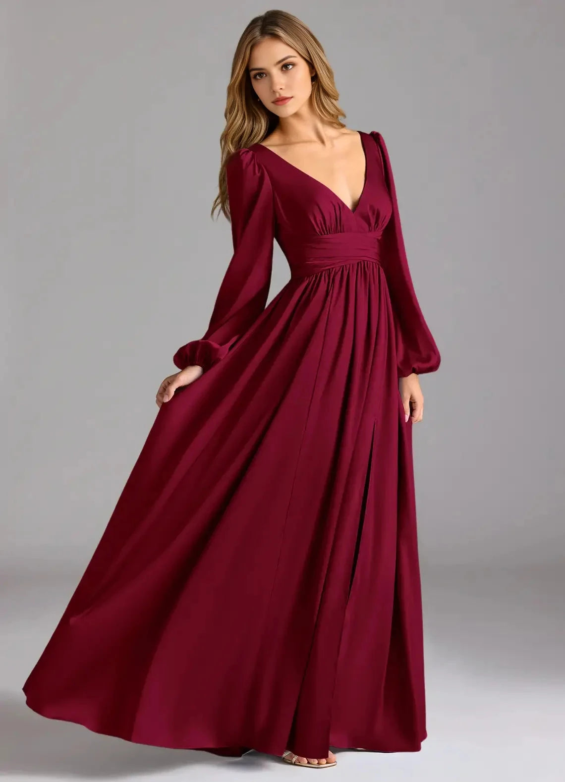 Burgundy Long Sleeve Maxi Dress with Plunging Neckline and Open Back A-Line Stretch Satin Bridesmaid Dresses by YiHuiw