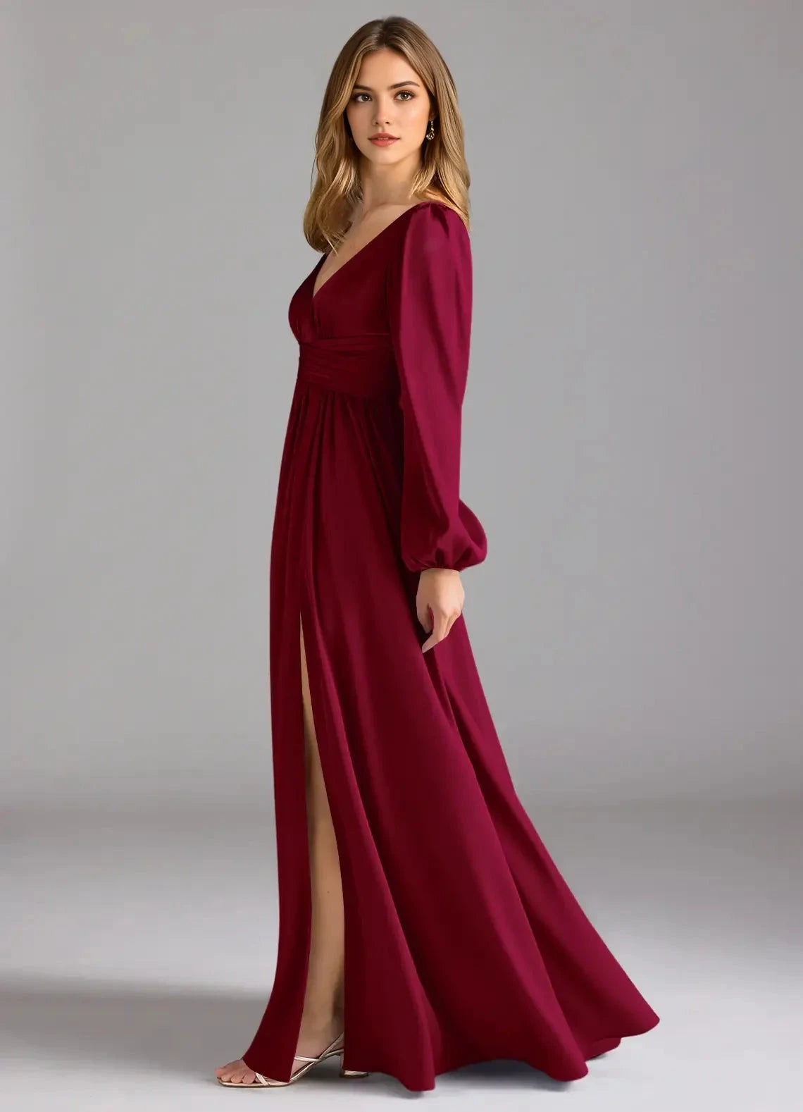 Burgundy Long Sleeve Maxi Dress with Plunging Neckline and Open Back A-Line Stretch Satin Bridesmaid Dresses by YiHuiw
