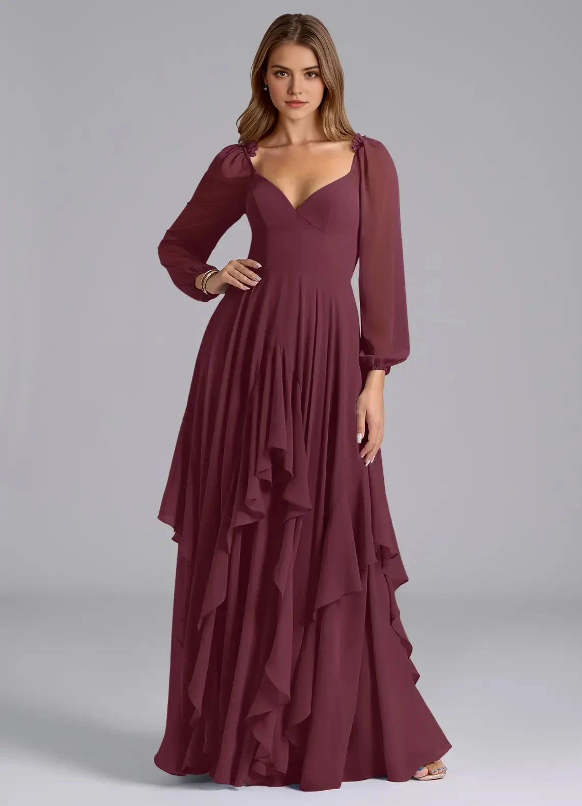 Burgundy Long Sleeve Maxi Dress with Ruffled Skirt and Open Back A-Line Long Sleeve Chiffon DressBridesmaid Dresses by YiHuiw