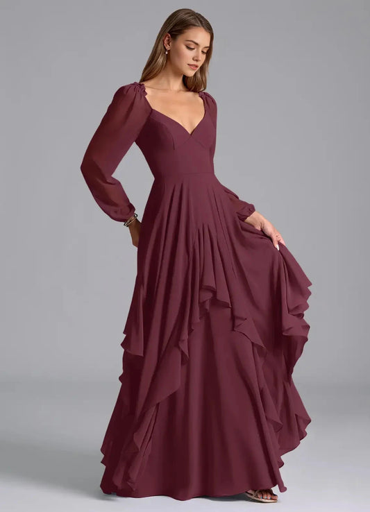Burgundy Long Sleeve Maxi Dress with Ruffled Skirt and Open Back A-Line Long Sleeve Chiffon DressBridesmaid Dresses by YiHuiw