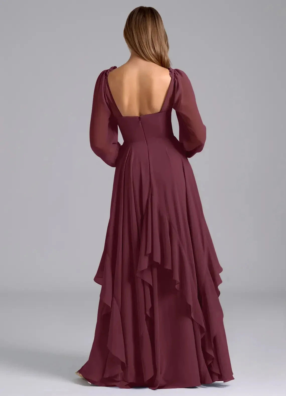 Burgundy Long Sleeve Maxi Dress with Ruffled Skirt and Open Back A-Line Long Sleeve Chiffon DressBridesmaid Dresses by YiHuiw