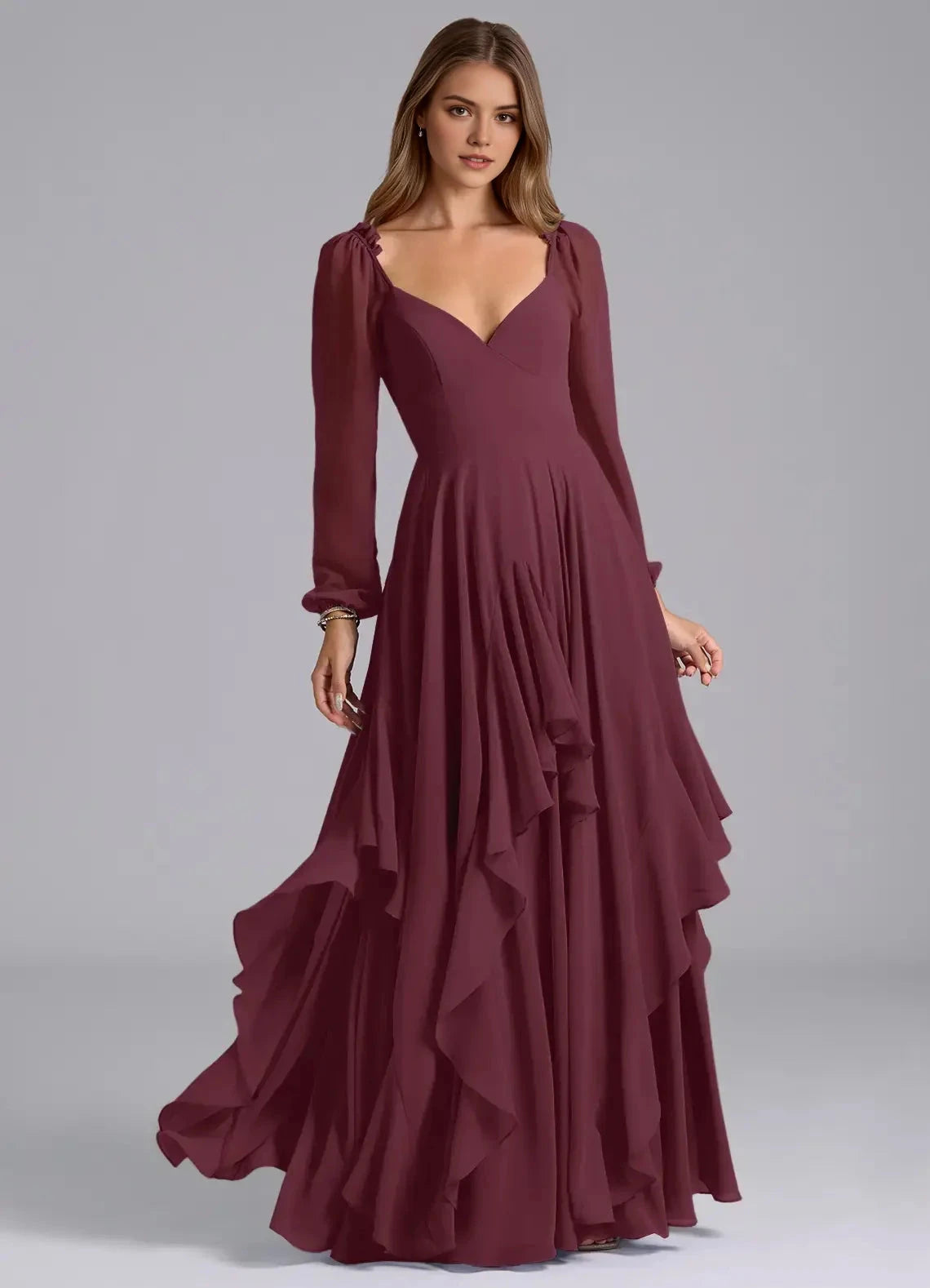 Burgundy Long Sleeve Maxi Dress with Ruffled Skirt and Open Back A-Line Long Sleeve Chiffon DressBridesmaid Dresses by YiHuiw