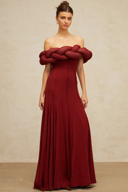 Burgundy Off - Shoulder Maxi Dress with Braided Detail red braid-design knit maxi dress Evening Dress by YiHuiw