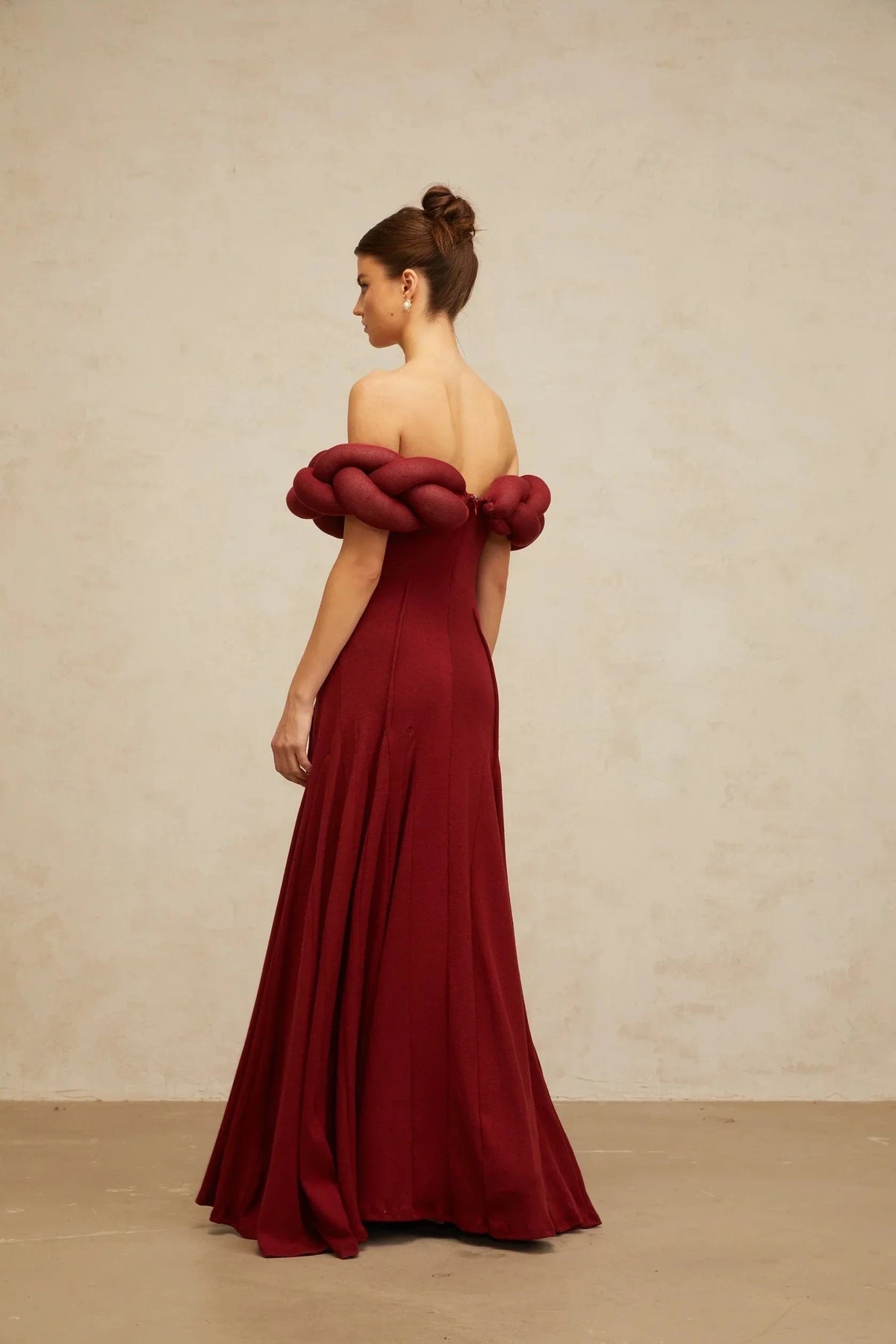 Burgundy Off - Shoulder Maxi Dress with Braided Detail red braid-design knit maxi dress Evening Dress by YiHuiw