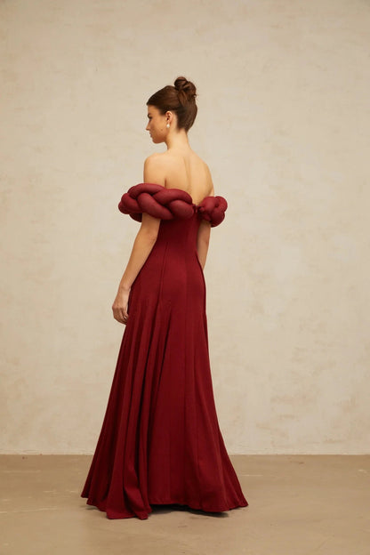 Burgundy Off - Shoulder Maxi Dress with Braided Detail red braid-design knit maxi dress Evening Dress by YiHuiw
