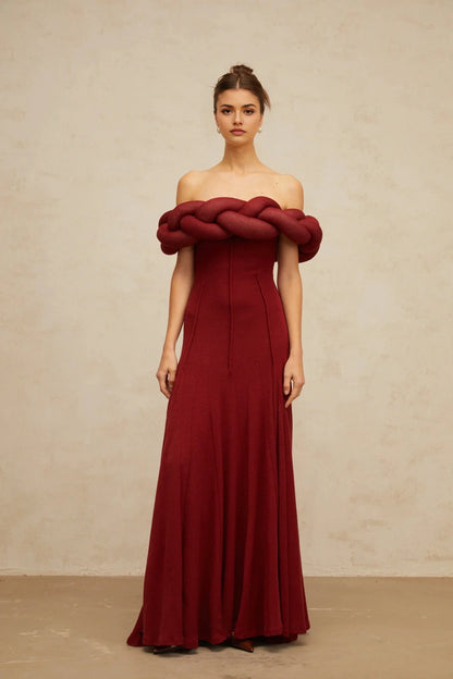 Burgundy Off - Shoulder Maxi Dress with Braided Detail red braid-design knit maxi dress Evening Dress by YiHuiw